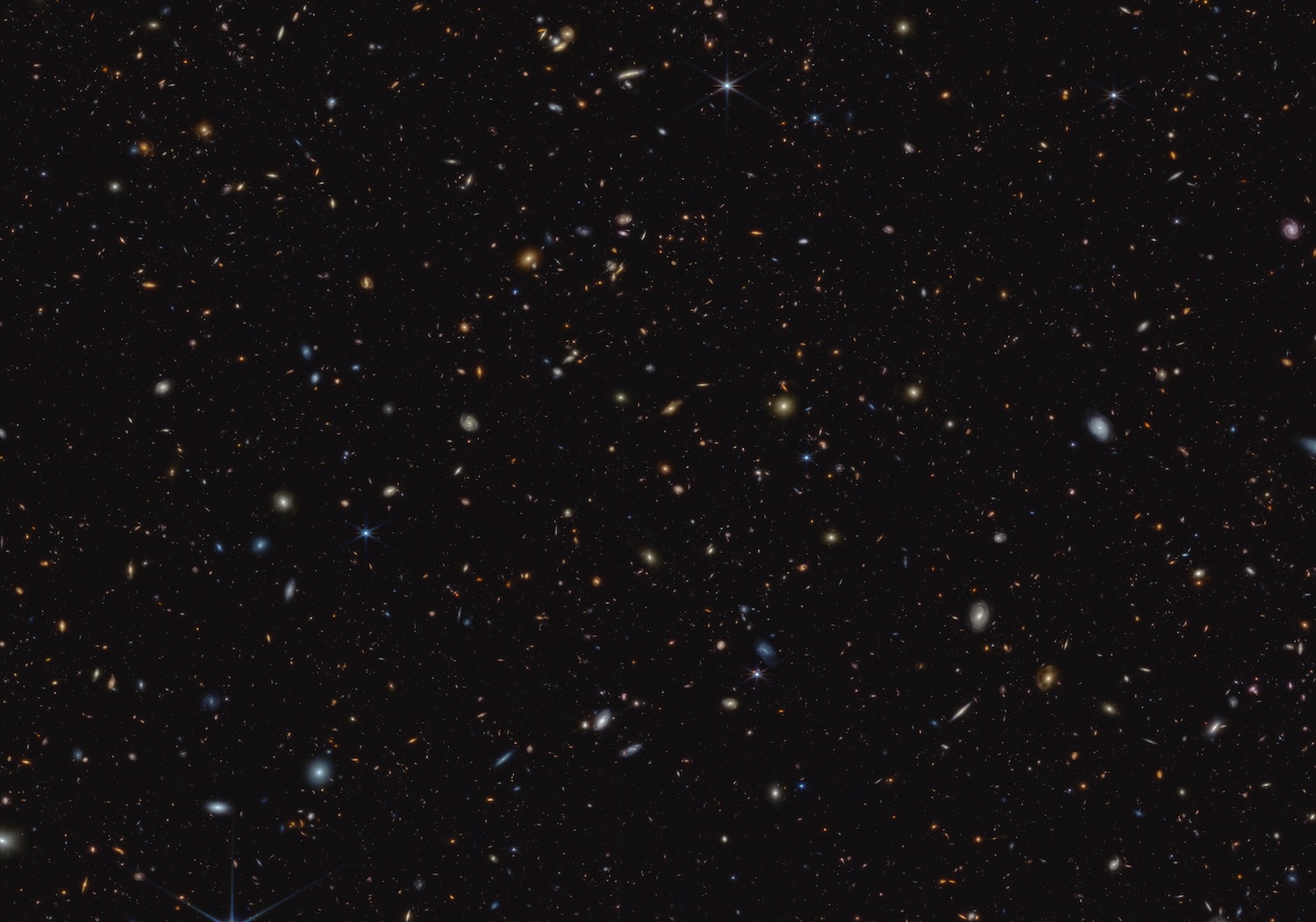 Image 1 pour Les premières étoiles illuminent le cosmos : <p>45 000 galaxies sont présentes sur ce cliché. Certains des points les plus rouges sont d'anciennes galaxes formées 600 millions d'années après le Big Bang.<br>
Elles contenaient les premières étoiles...</p><h6><span>© </span>NASA, ESA, CSA, Brant Robertson (UC Santa Cruz, Ben Johnson (CIA), Sandro Tacchella (Cambridge), Marcia Rieke (University of Arizona), Daniel Eisenstein (CIA), with image processing by Alyssa Pagan (STScl) -- CC BY 2.0 DEED</h6>